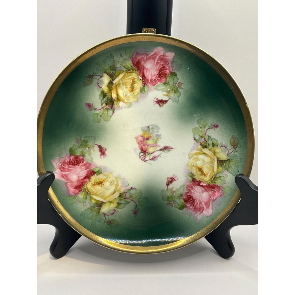 Württemberg Porcelain Plate Green Background with Pink and Yellow Roses